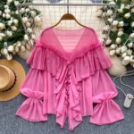 Ruffled trim, bell sleeves, chiffon blouse, loose fit. - Image 8