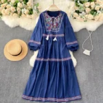 Bohemian vintage heavy embroidery tassel tie round neck plus size women's ethnic style vacation dress