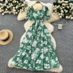 French design square neck strap waist puff sleeve printed dress - Image 4