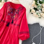 Bohemian vintage heavy embroidery tassel tie round neck plus size women's ethnic style vacation dress - Image 8