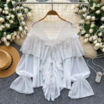 Ruffled trim, bell sleeves, chiffon blouse, loose fit. - Image 3