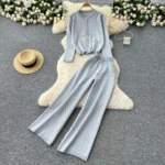 European-style chic and sophisticated two-piece set: round neck long-sleeved knit top with metal buckle and high-waisted wide-leg pants. - Image 2