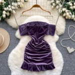 Purple Velvet Off Shoulder Dress - Image 2
