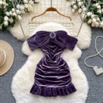 Purple Velvet Off Shoulder Dress